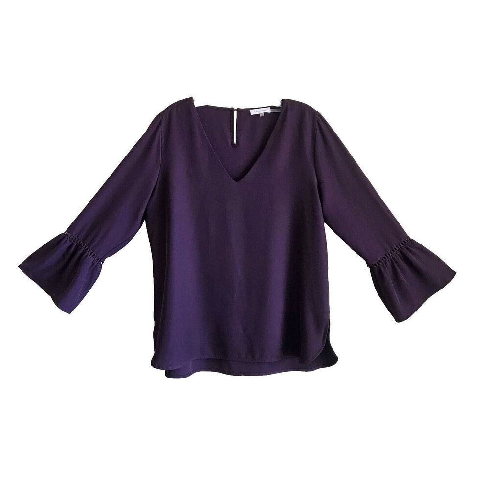 CALVIN KLEIN Women M Blouse Plum Purple 3/4 Bell Sleeve V-Neck Back Keyhole 40"